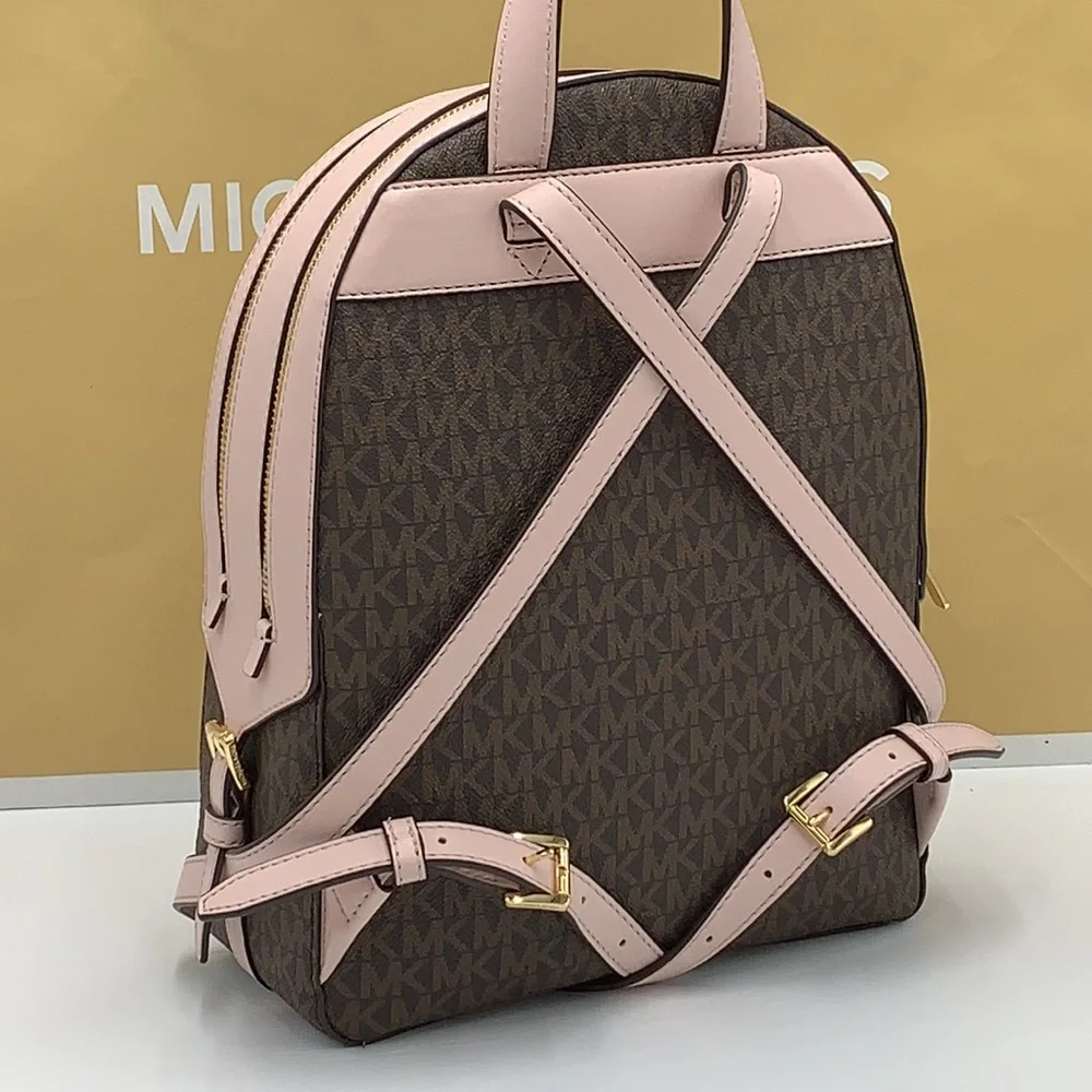 MICHAEL KORS JAYCEE MEDIUM ZIP POCKET BACKPACK BROWN /PINK SIGNATURE COL…